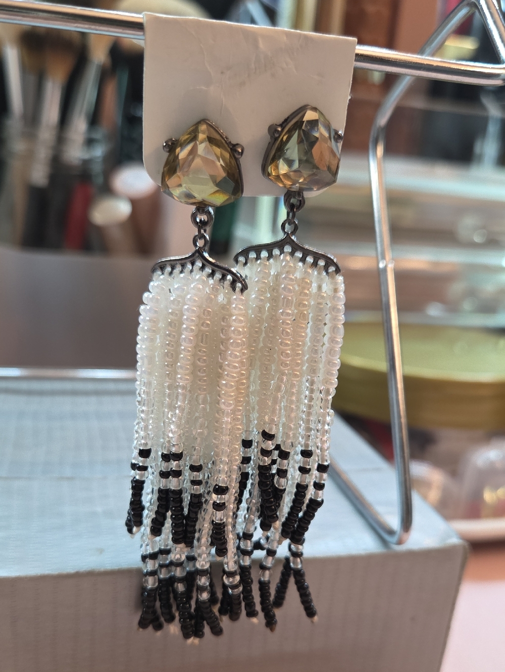 Beaded Tassel Drop Earrings in White and Black with Smoky Crystal
